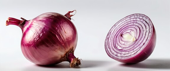 Red Onion, Whole and Halved, on White Background