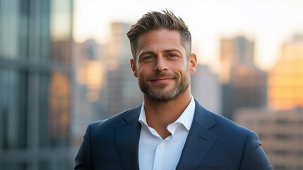 Fototapeta premium confident man in suit smiles against city skyline backdrop, exuding professionalism and charm.