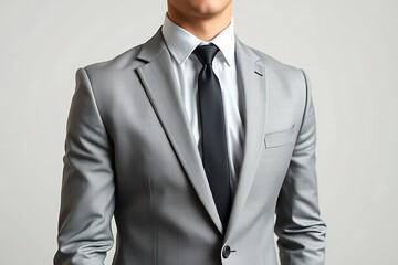 modern suit mockup. Grey slim-fit suit, white shirt, black tie against minimalist background