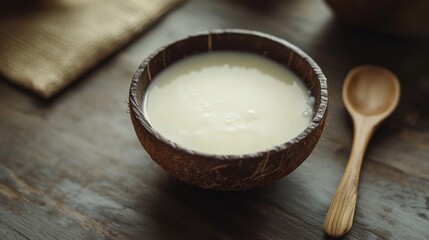 A fresh bowl of creamy coconut milk extracted from a ripe coconut, with a wooden spoon beside it.