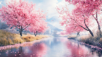 Watercolor style illustration of a spring landscape with pink cherry blossoms next to a river