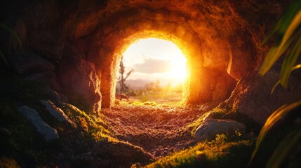 Sunlit cave entrance with lush greenery and vibrant sunset landscape