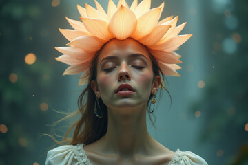Serene woman with luminous lotus crown in a mystical forest setting