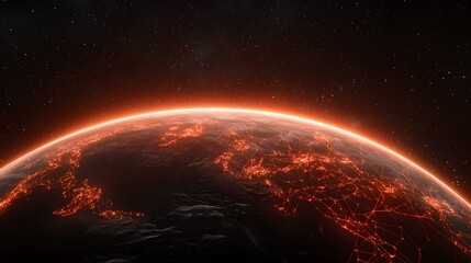 Fototapeta premium The image shows a stylized Earth viewed from space, bathed in a warm orange light. A network of glowing red lines connects various points across the planet's surface, suggesting interconnectedness.