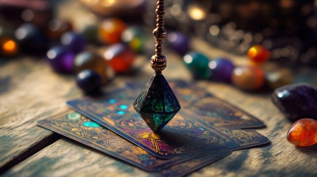 Beautiful pendulum dowsing over tarot cards with colorful crystals on wooden table