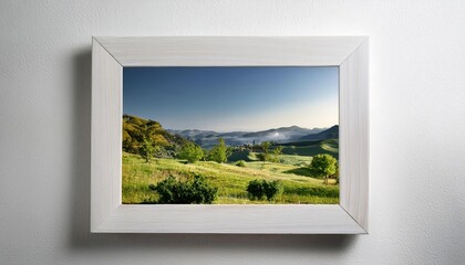 Striking Empty Canvas Framed in a Classic White Wooden Frame, Pristine against a Bare White Wall, Capturing the Essence of Anticipation and Creativity.