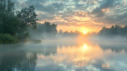 peaceful river at sunrise covered in morning mist