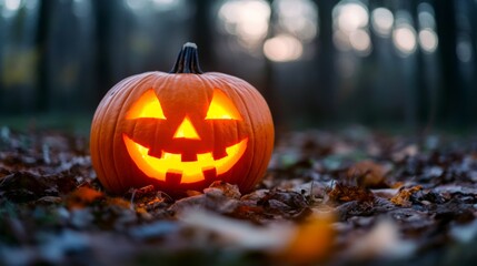 Glowing jack-o'-lantern in spooky forest setting during twilight
