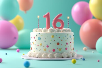 Number 16 sweet cake in 3D, colorful pastel balloons, custom text.