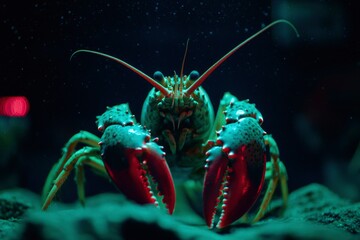 Crawfish in dark water tank looking at camera, use for education and nature articles