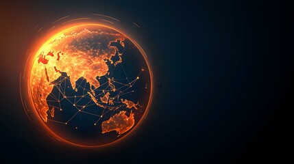 Fototapeta premium The image shows a fiery orange glowing globe, centered in the frame, with a network of interconnected lines across its surface, mainly concentrated on Asia and Australia. A dark blue-black backgroun