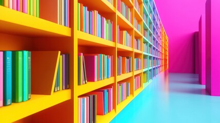 Obraz premium Vibrant Rainbow Bookshelves: A Colorful Library of Dreams