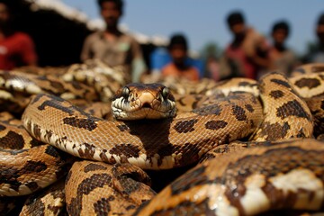 Obraz premium Python's stare in a market with crowded vendors outdoors for an educational book