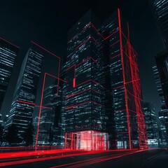 Futuristic Cityscape at Night with Red Neon Lights