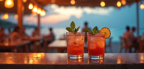 Alcoholic cocktails long drinks on bar counter at defocused beach cafe with unrecognizable people. Summer refreshments concept. Red beverage with mint leaf garnish, citrus slice. Relaxing mood at