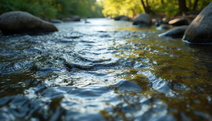 Fototapeta premium Close-up of flowing river water surface with soft ripples reflects sunlight. Clean stream water motion, nature beauty, relaxation, natural resource, sustainable energy source.