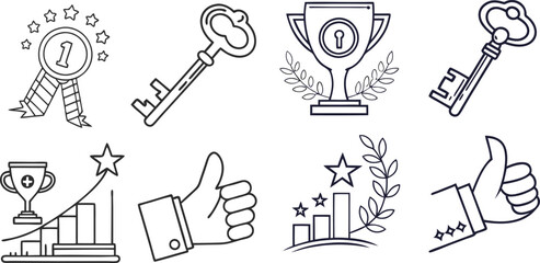 Obraz premium Success, award, growth, win, thumbs up, key editable stroke outline icons set isolated on white background flat vector illustration.