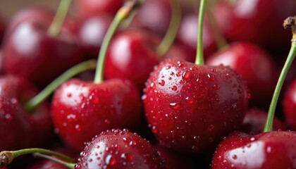 Wet red cherries close-up with water droplets. Glossy surface with dews, vibrant color, natural texture, freshness of summer harvest, bounty and juicy taste.