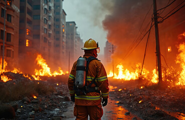 Naklejka premium Back view of firefighter in fire protective suit in burning city. Man stands alone amid fire flames, smoke, disaster. Hero faces emergency, rescue operation. Job, profession, occupation.