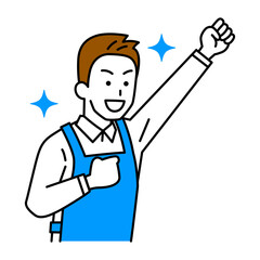 ガッツポーズで喜ぶエプロン姿の男性