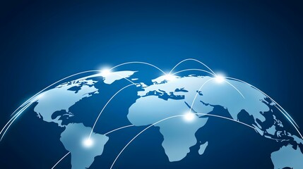 The image shows a stylized world map on a dark blue background with glowing lines connecting different points on the map, representing global connections or networks.A stylized world map with illumin