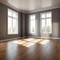 Fototapeta premium Empty Room with Hardwood Floor and Large Windows