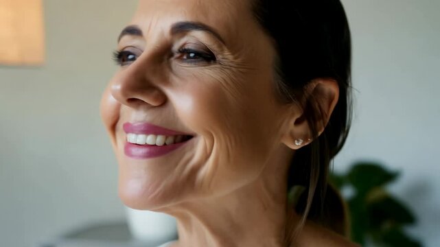 Psychological portrait of a peaceful middle-aged woman. A gentle smile graces the face of a peaceful woman, reflecting contentment in a calm home environment.