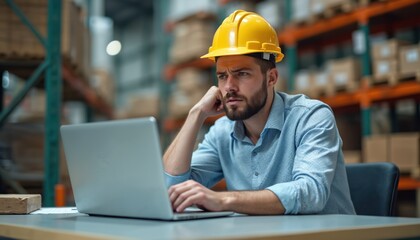 Concerned worker in hard hat uses laptop in warehouse. Man looks at computer screen with worry, stress. Employee works at desk, thinks about problem, challenge. Workplace, job, occupation photo.