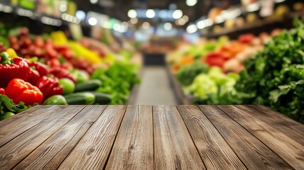 A wooden table in focus with a vibrant, blurred supermarket produce section behind, showcasing fresh fruits and vegetables under bright, inviting lighting.