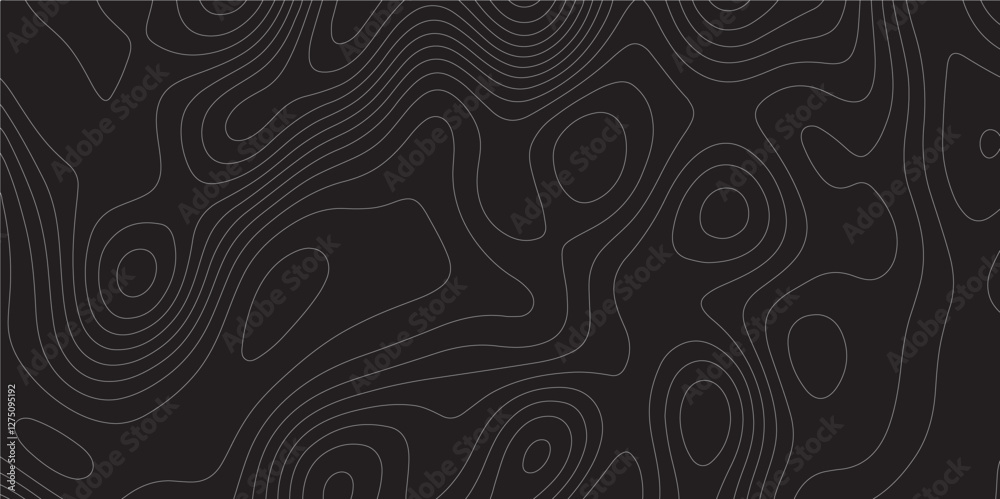 Poster Abstract white on black background Topographic line map pattern. Contour elevation topographic and textured Background Modern design with black background with topographic wavy patted.	