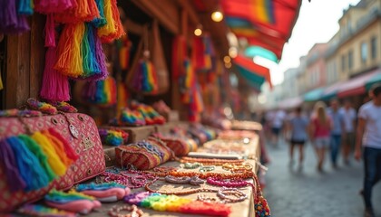 Pride-themed accessories, flags displayed at market stall. Rainbow souvenirs collection at street retail. Fashion clothes, jewelry, hand-made textile. Tour business with bright variety wear style.