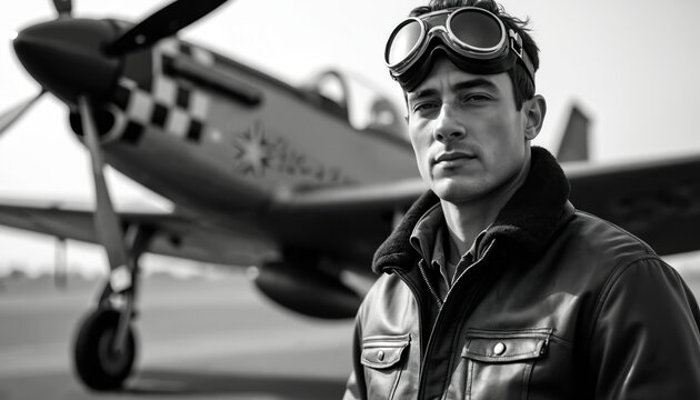 Portrait of airman with leather flight jacket, aviator goggles standing proudly in front of P-51 Mustang fighter plane on airstrip during World War II era.
