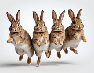 Obraz premium Four Brown Rabbits in Mid-Air Jump