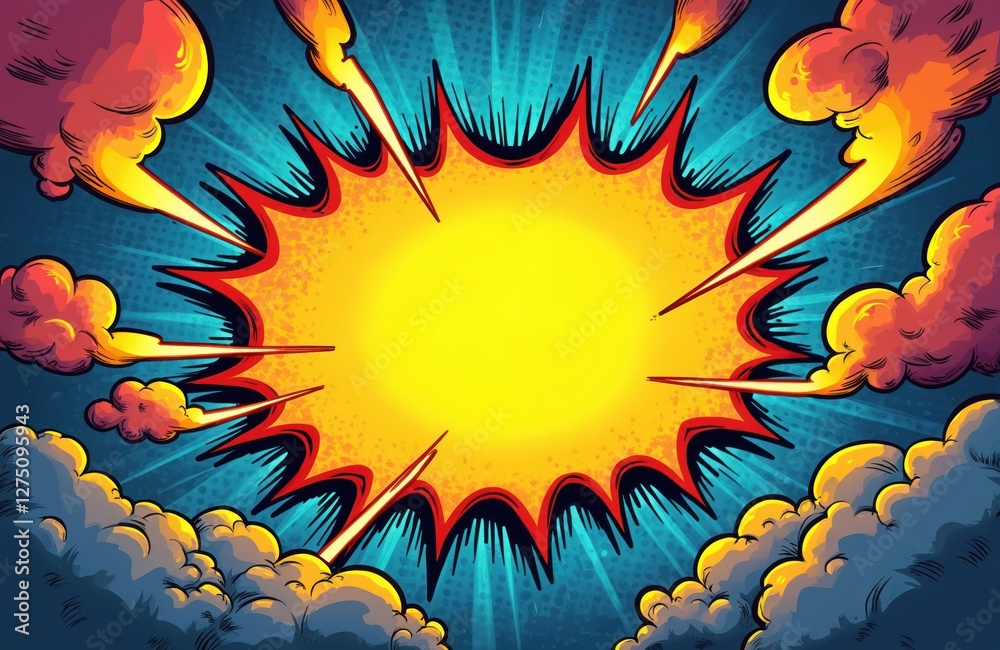 Poster colorful comic cartoon background with halftone frame, contrasted burst and lightning. clouds border