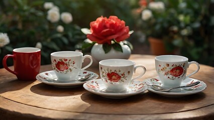 Coffee and tea cups with flowers on a table