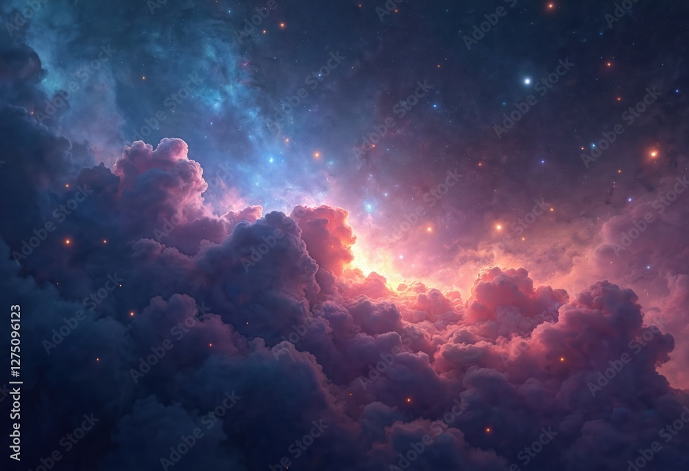 Poster Abstract outer space endless nebula galaxy with light glowing through clouds. Cosmic starry sky, dark deep universe, infinite fantasy world, plasma atmosphere, future exploration, starlight, milky
