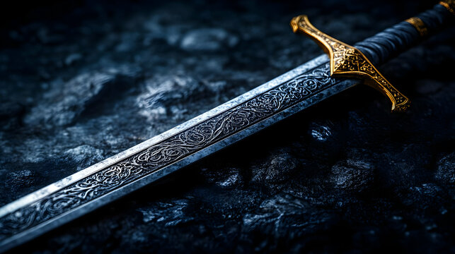 An intricately crafted sword resting on a dark surface, showcasing fine details in its design and craftsmanship.