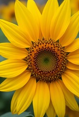 Obraz premium A close-up of a sunflower with bright yellow petals and a textured center