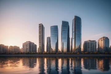 Obraz premium Skyscrapers and modern buildings reflecting on the river or sea at night in an urban cityscape