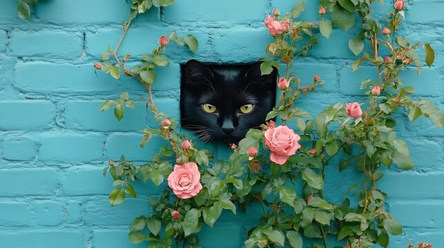 Black cat peeking, rose vines, blue brick wall