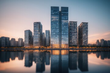 Obraz premium Skyscrapers and modern buildings reflecting on the river or sea at night in an urban cityscape