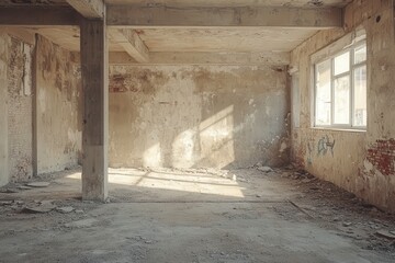 Obraz premium Empty Concrete Space in a Demolition Site With Sunlight Filtering Through Windows. Generative AI