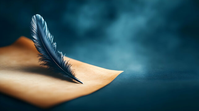 A close-up of a blue feather quill resting on a crumpled parchment sheet, evoking a sense of creativity and scholarly writing.