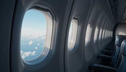Naklejka premium View from an airplane window showing the sky and part of the wing during a flight