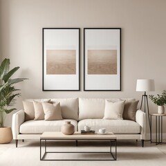 Minimalist Beige Living Room Interior with Modern Sofa and Artwork
