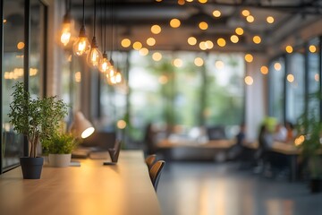 Modern office, coworking space, evening lighting, plants