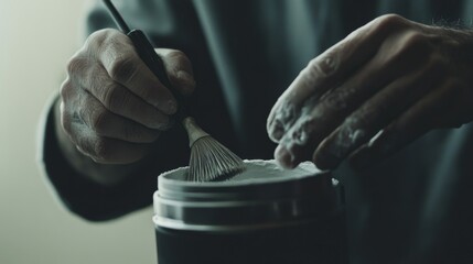 11.High-resolution image of a man's hands cleaning a camera lens with a soft-bristle brush, capturing the meticulous process against a neutral background.