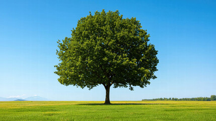 Fototapeta premium A solitary, lush green tree stands in a vast field under a clear blue sky, embodying tranquility and nature's beauty.