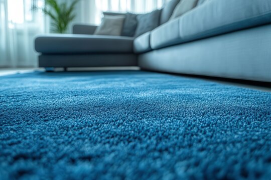 Efficient Vacuuming Process in a Cozy Living Room With a Blue Carpet and Natural Light. Generative AI
