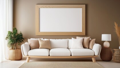 Elegant Light Brown Wooden Frame Mockup Enhancing a Cozy Living Room Scene, Featuring a White Sofa and Beige Pillows Perfect for Digital Art, Home Decor, or Design Inspiration
